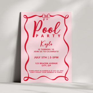 Pool Party Girly Red Bow Coquette Pink Wavy Einladung