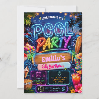 Pool Party Glow-in-the-Dark Neon-Schwimmbad-Gebur Einladung