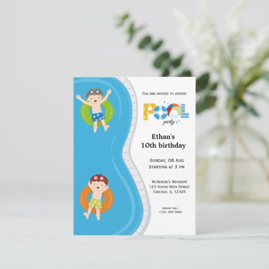 Pool-Party (Junge) Einladung (Stehend Vorderseite)