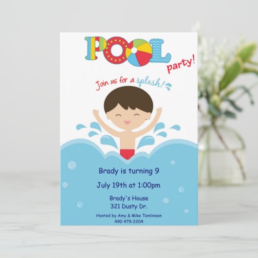 Pool-Party -Junge Einladung (Stehend Vorderseite)