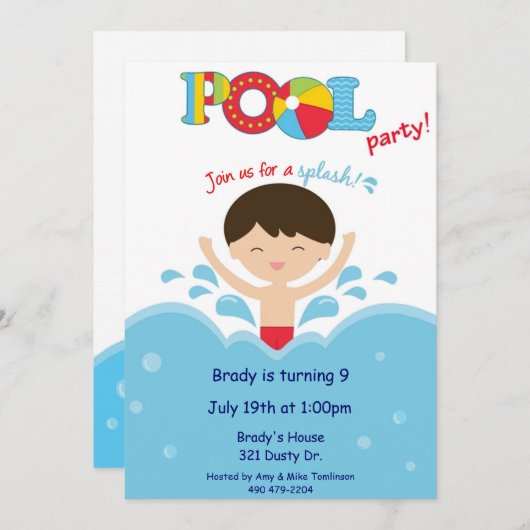 Pool-Party -Junge Einladung (Vorne/Hinten)