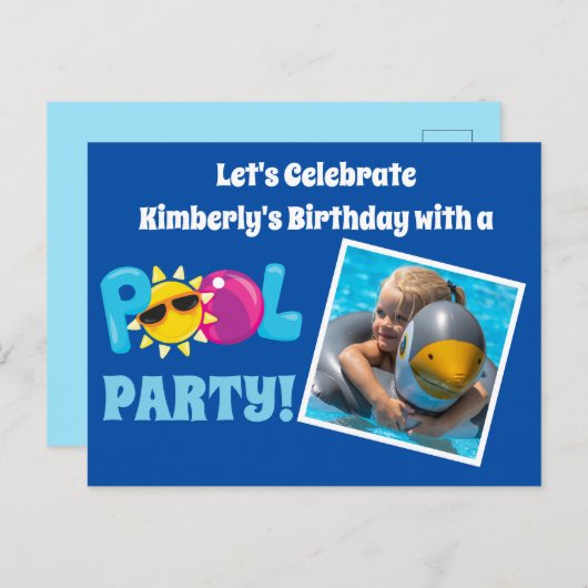 Pool Party Kinder Foto Vorlage Blue Birthday Party Postkarte (Vorne/Hinten)