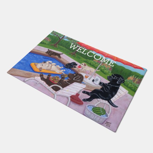 Pool Party Labradors 2 Gemälde Fußmatte (Schrägansicht)