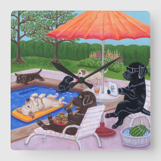 Pool Party Labradors 2 Painting Quadratische Wanduhr (Vorderseite)