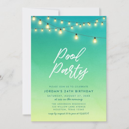 Pool Party Lichter Wasserfarbenes Meerglas Einladung (Vorderseite)