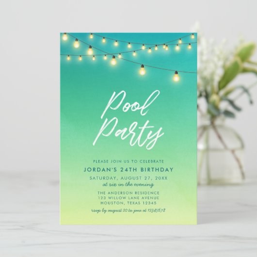 Pool Party Lichter Wasserfarbenes Meerglas Einladung (Stehend Vorderseite)