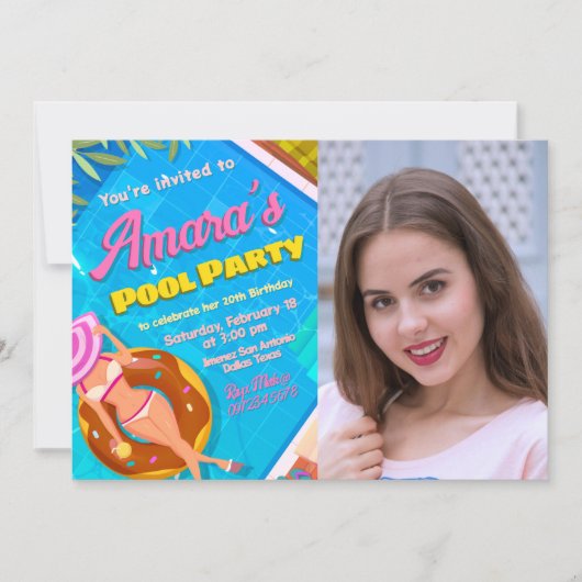 Pool Party - Mädchen mit Foto Einladung (Vorderseite)
