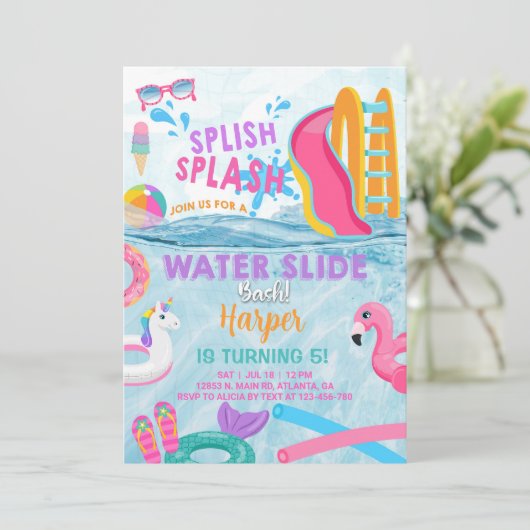 Pool Party Mädchen Wasserrutsche Bash einladen. Einladung (Stehend Vorderseite)