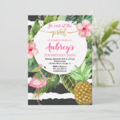 Pool-Party-Mädchengeburtstag, Flamingo tropisch Einladung (Stehend Vorderseite)