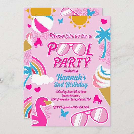 Pool Party Malibu Beach Birthday Girl Doll Sommer Einladung (Vorne/Hinten)
