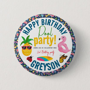Pool-Party Modern Summer Themed Birday Party Button