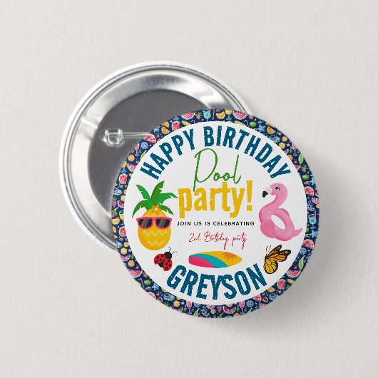 Pool-Party | Modern Summer Themed Birday Party Button (Vorne & Hinten)