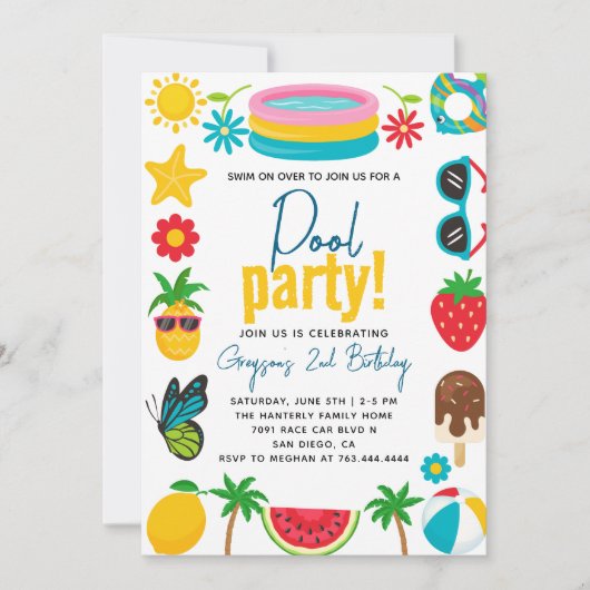 Pool-Party | Modern Summer Themed Birday Party Einladung (Vorderseite)