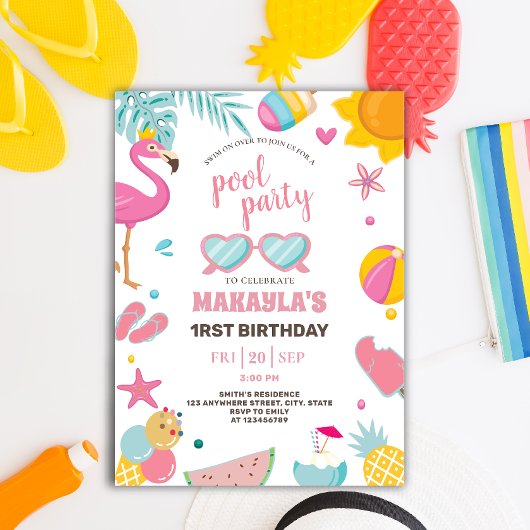 Pool-Party | Modern Summer Themed Birday Party Einladung