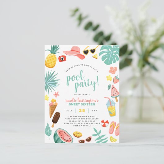 Pool-Party | Modern Summer Themed Birday Party Einladungspostkarte (Stehend Vorderseite)