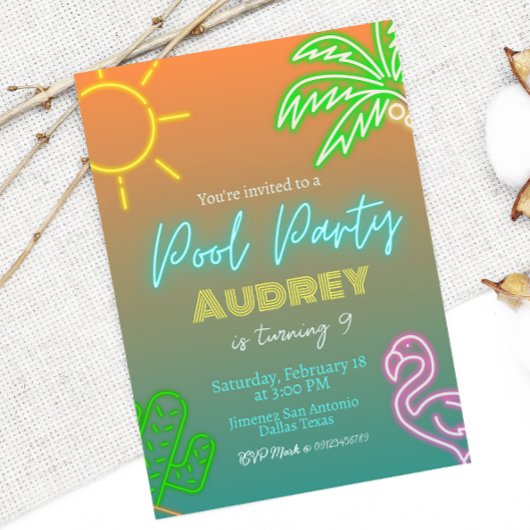 Pool Party Neon Einladung