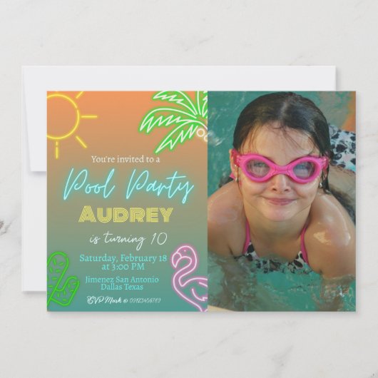 Pool Party Neon Landschaft Einladung (Vorderseite)