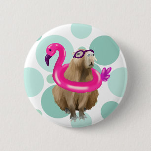 Pool Party Niedlich Capybara mit rosa Flamingo Flo Button