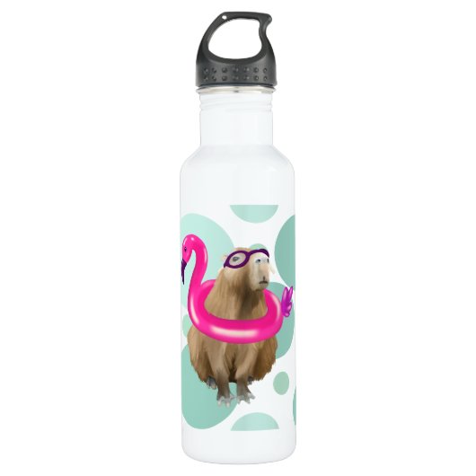 Pool Party Niedlich Capybara mit rosa Flamingo Flo Edelstahlflasche (Vorderseite)