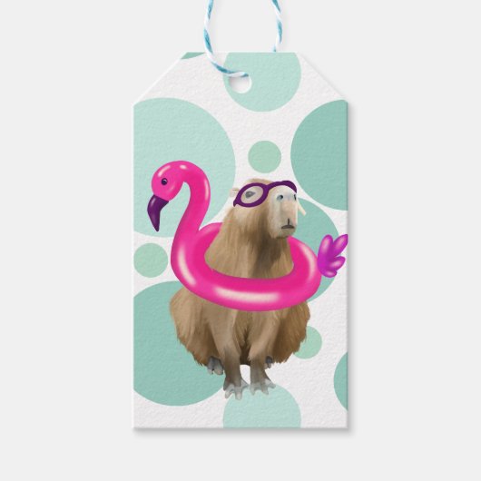 Pool Party Niedlich Capybara mit rosa Flamingo Flo Geschenkanhänger (Vorderseite)