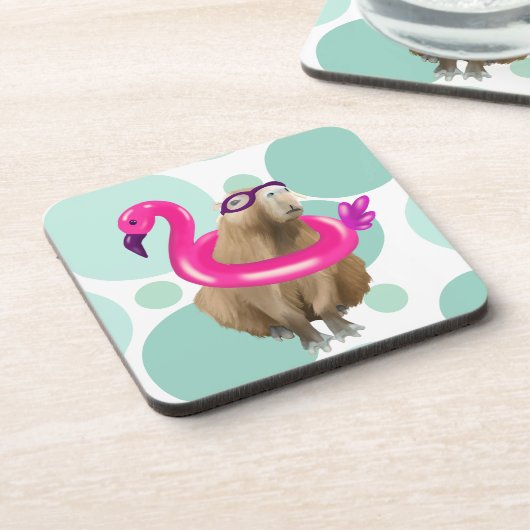 Pool Party Niedlich Capybara mit rosa Flamingo Flo Getränkeuntersetzer (Linke Seite)