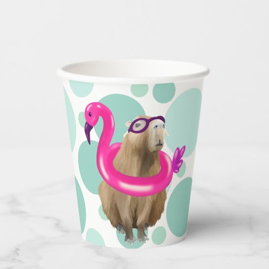 Pool Party Niedlich Capybara mit rosa Flamingo Flo Pappbecher (Vorderseite)