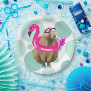 Pool Party Niedlich Capybara mit rosa Flamingo Flo Pappteller