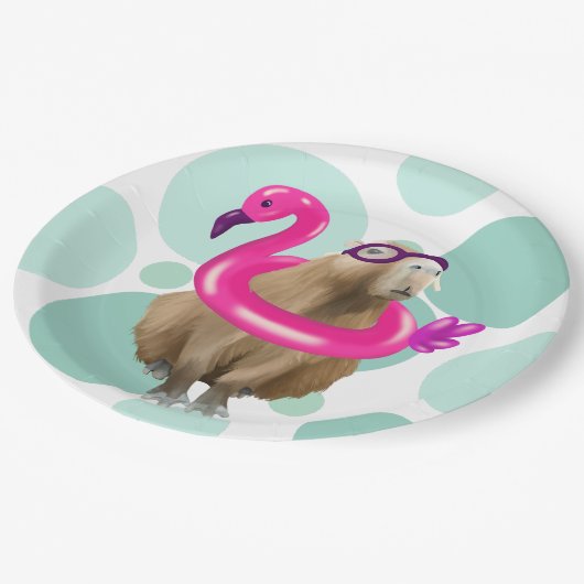 Pool Party Niedlich Capybara mit rosa Flamingo Flo Pappteller (Schrägansicht)