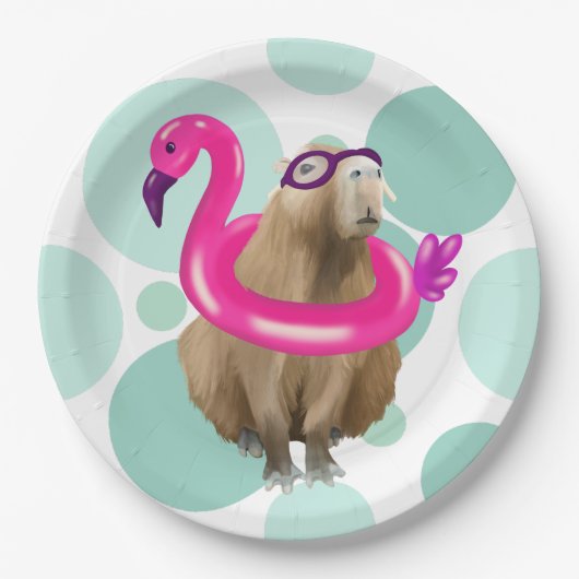 Pool Party Niedlich Capybara mit rosa Flamingo Flo Pappteller (Vorderseite)