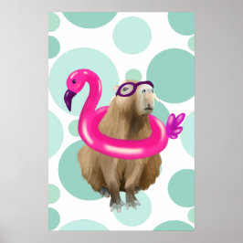 Pool Party Niedlich Capybara mit rosa Flamingo Flo Poster