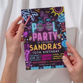 Pool Party Night | Neon Glow Birthday Party Einladung