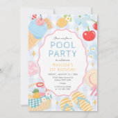 Pool Party Pastel Doodle Beach Birthday Einladung (Vorderseite)