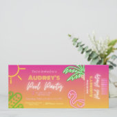 Pool Party Pink Neon Ticket Einladung (Stehend Vorderseite)