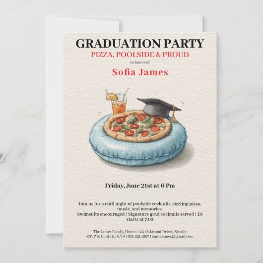 Pool Party Pizza Graduation Celebration Invitation Einladung (Vorderseite)