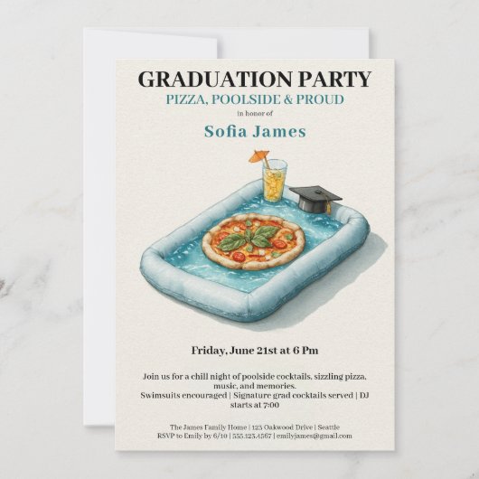 Pool Party Pizza Graduation Celebration Invitation Einladung (Vorderseite)