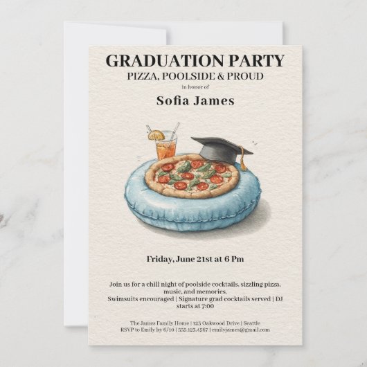 Pool Party Pizza Graduation Celebration Invitation Einladung (Vorderseite)