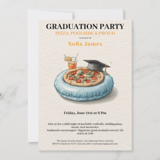 Pool Party Pizza Graduation Celebration Invitation Einladung (Vorderseite)