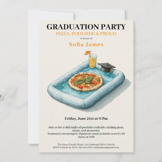 Pool Party Pizza Graduation Celebration Invitation Einladung (Vorderseite)