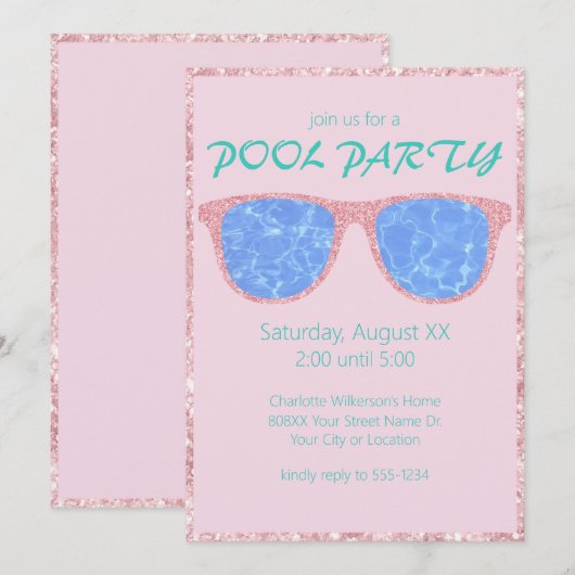 Pool Party Rosa Glitzer Sonnenbrille Einladung (Vorne/Hinten)