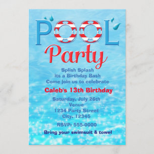 POOL PARTY Rote Geburtstags-Typografie Schwimm-Ein Einladung