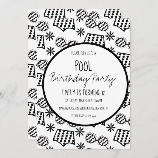 Pool Party Schwarz-weiße Farbe Badewanne Anzug Einladung (Vorne/Hinten)