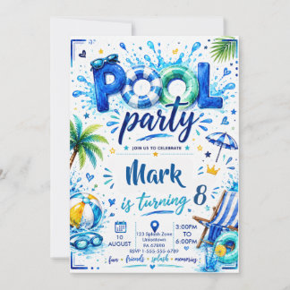 Pool Party Schwimmen Sommer Jungen Geburtstag Einladung