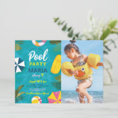 Pool Party Schwimmen Sommerurlaub Spaß einladen Einladung (Stehend Vorderseite)