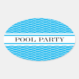 POOL PARTY Sky Blue White Waves Racing Streifen Ovaler Aufkleber