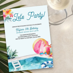 Pool Party Sommer Cocktails Erwachsener Geburtstag Einladung