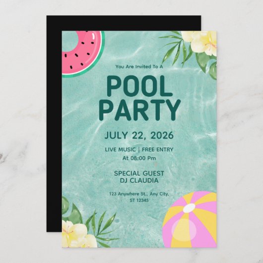 Pool Party Sommergeburtstag Einladung (Vorne/Hinten)