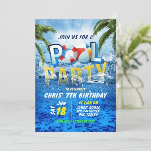 Pool Party Splash Summer Einladung (Stehend Vorderseite)