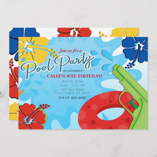Pool Party Squirt Gun Water Fun Sommer Hibiskus Einladung (Vorne/Hinten)