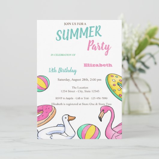 Pool Party Summer Birthday Party Einladung (Stehend Vorderseite)