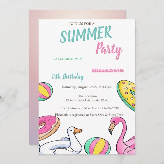Pool Party Summer Birthday Party Einladung (Vorne/Hinten)